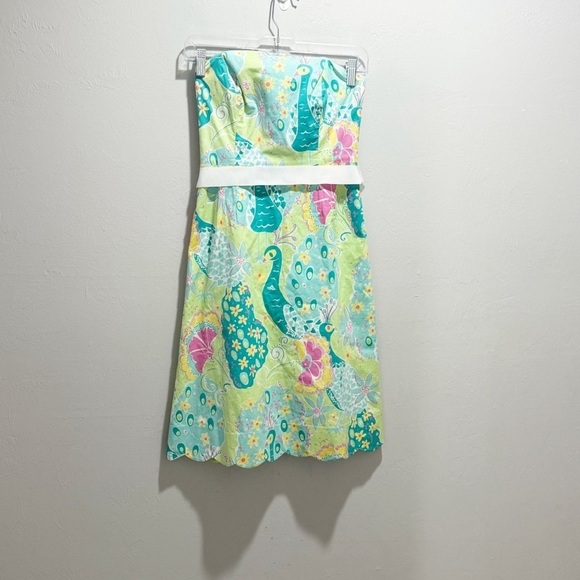LILLY PULITZER Women’s Strapless Belted Dress SOUTHERN BELLE Peacock Print Sz 0 - Picture 1 of 6